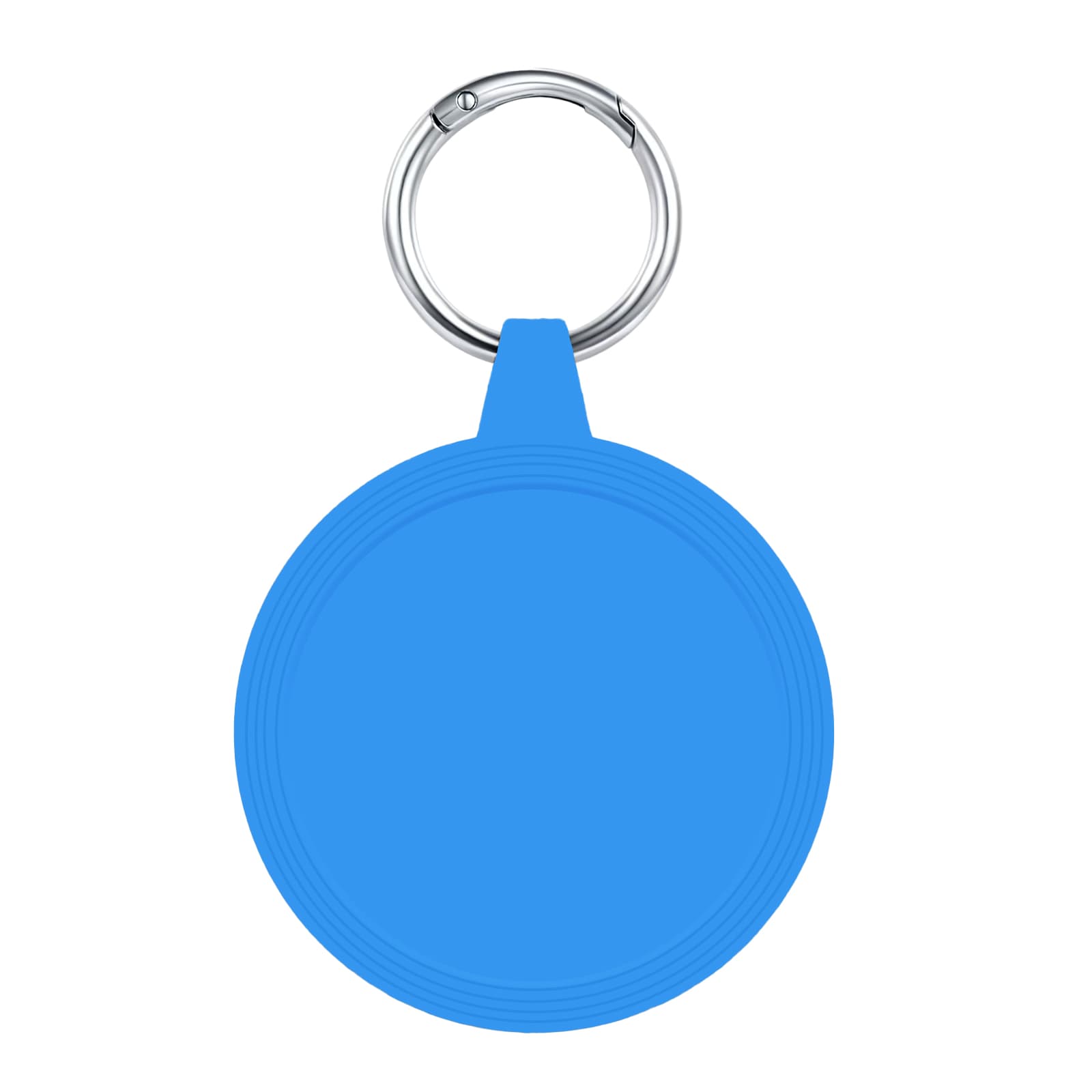 A blue circular keychain with a metal ring for attachment. The product has a smooth surface and a simple design.
