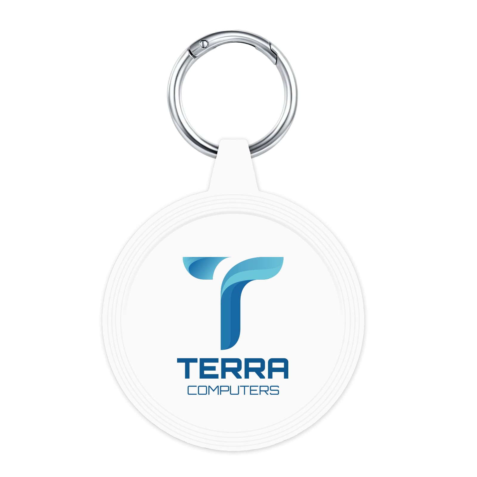 A circular white keyring featuring a metallic keychain and a logo in blue.