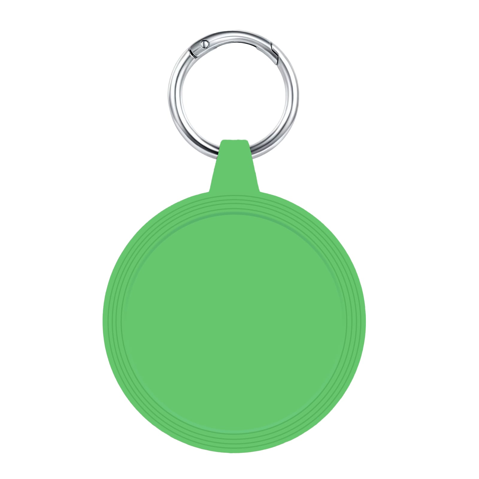 A green circular keychain with a silver keyring attachment. Suitable for promotional use or as a key holder.