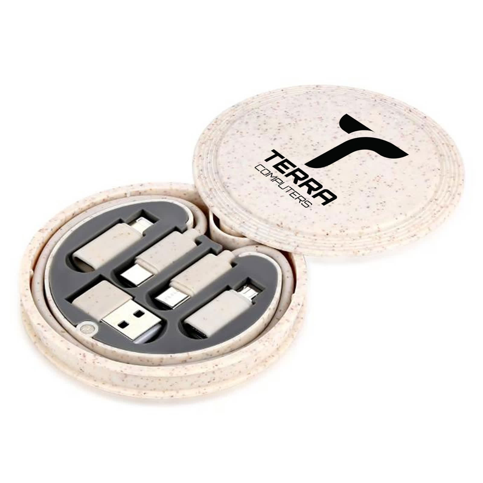 A circular eco-friendly case contains four charging cables in grey and cream, with a logo on the lid.