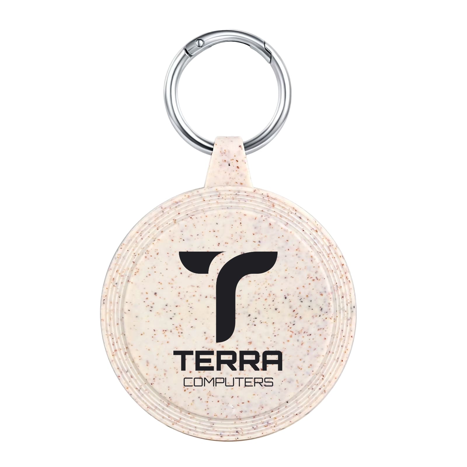 A circular keychain featuring a speckled design in cream and a logo in black.