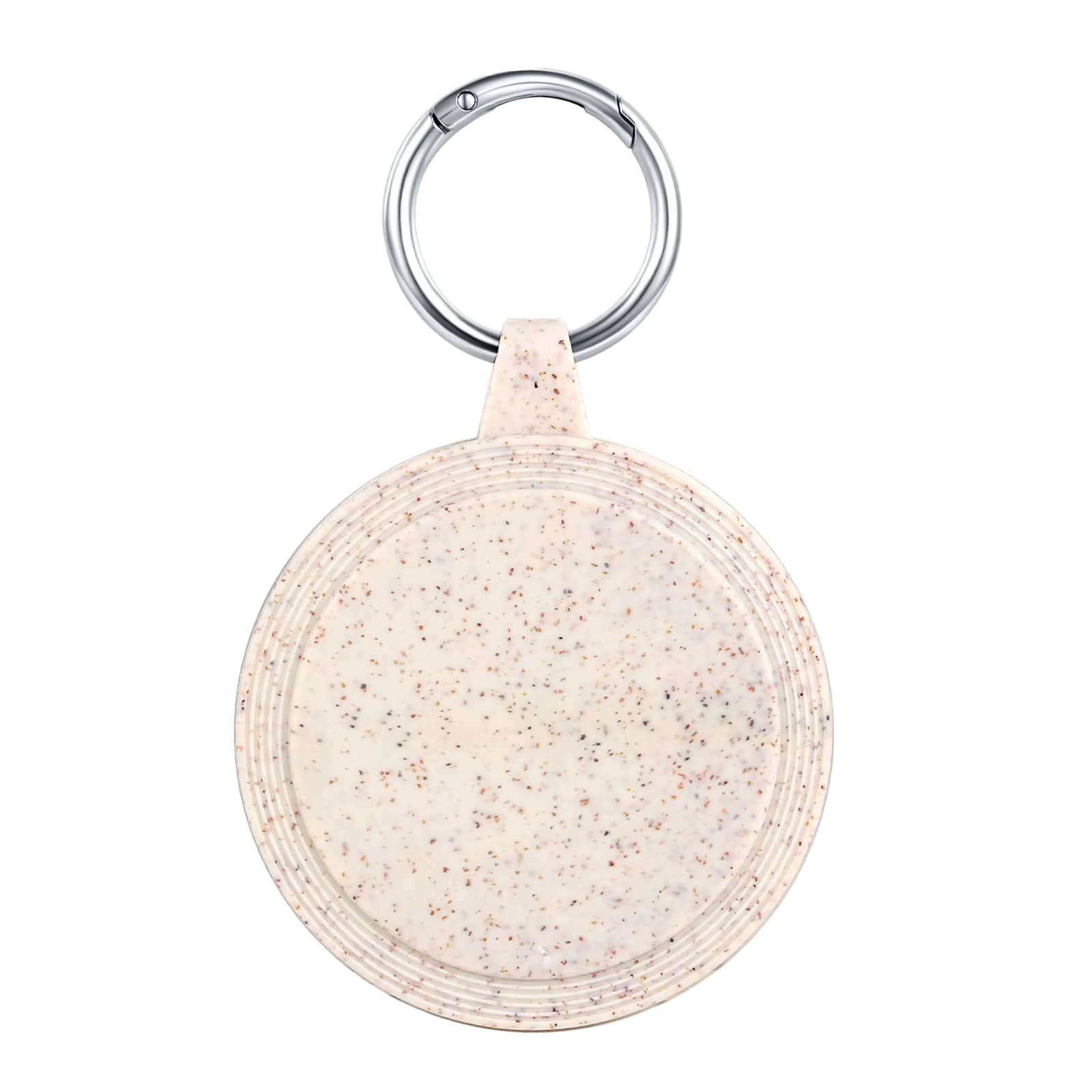 A circular eco-friendly keyring in a speckled cream colour, featuring a metal attachment.