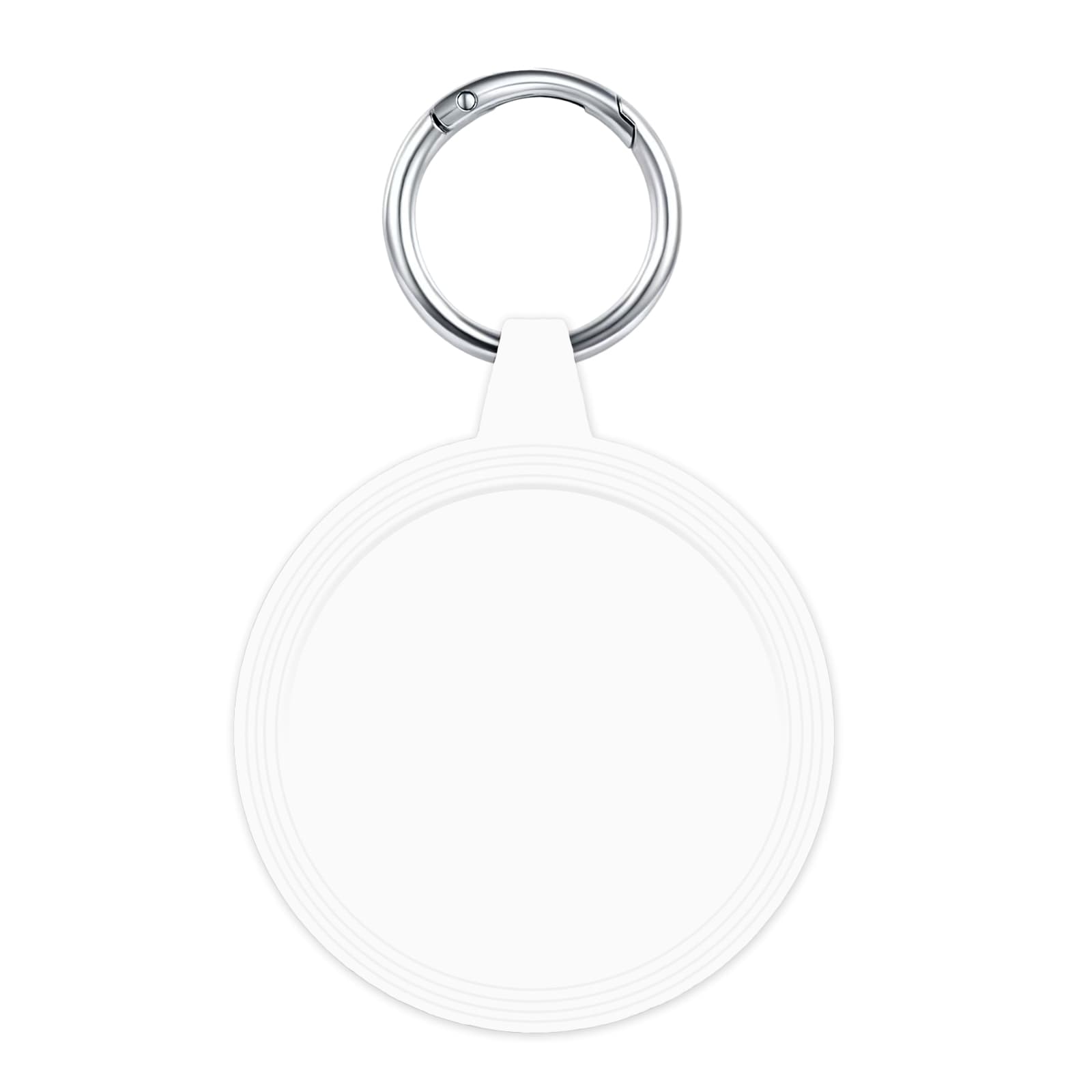 A circular white keyring blank with a silver metal ring for attachment.