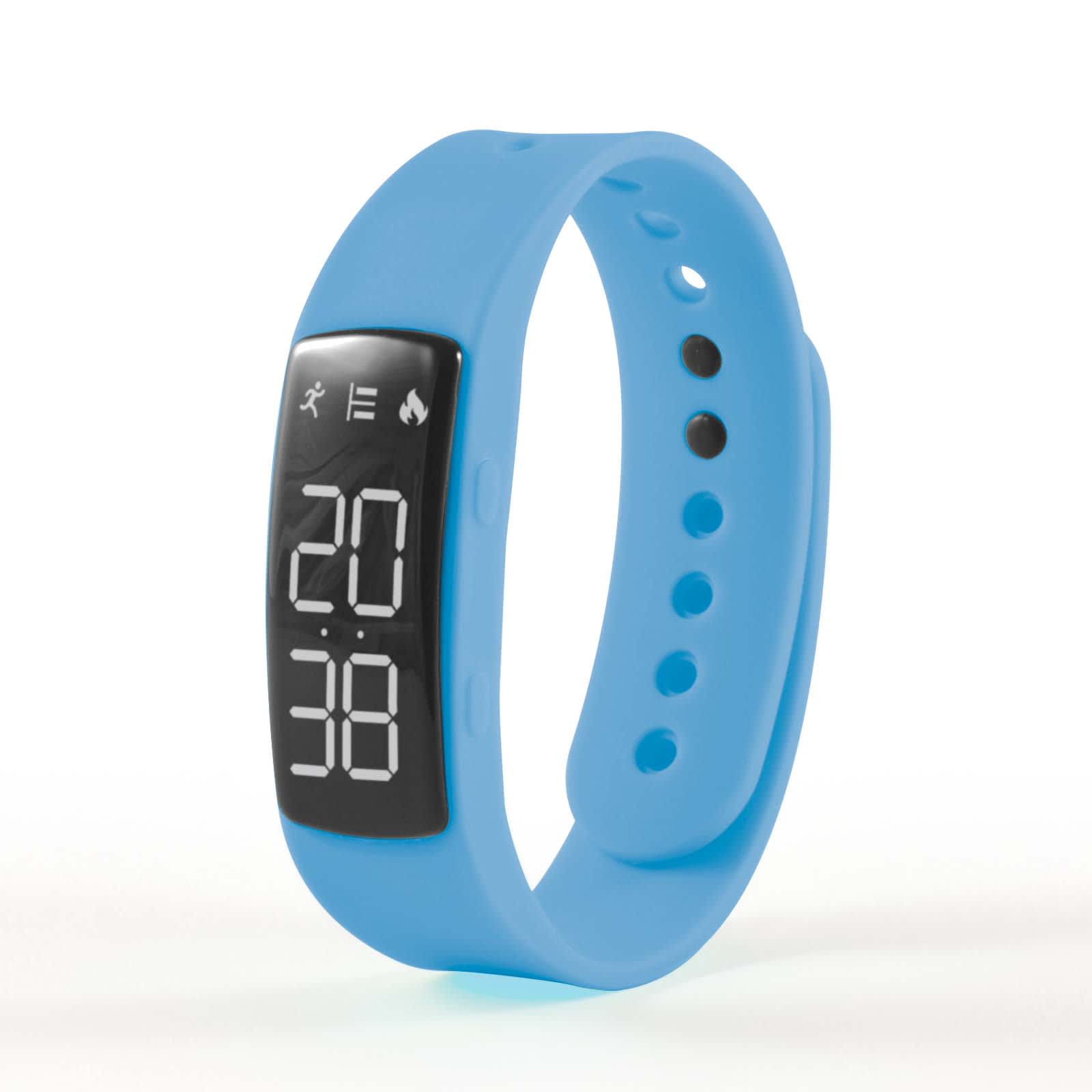 A blue fitness tracker with a digital display showing numbers, featuring a black screen and adjustable strap.