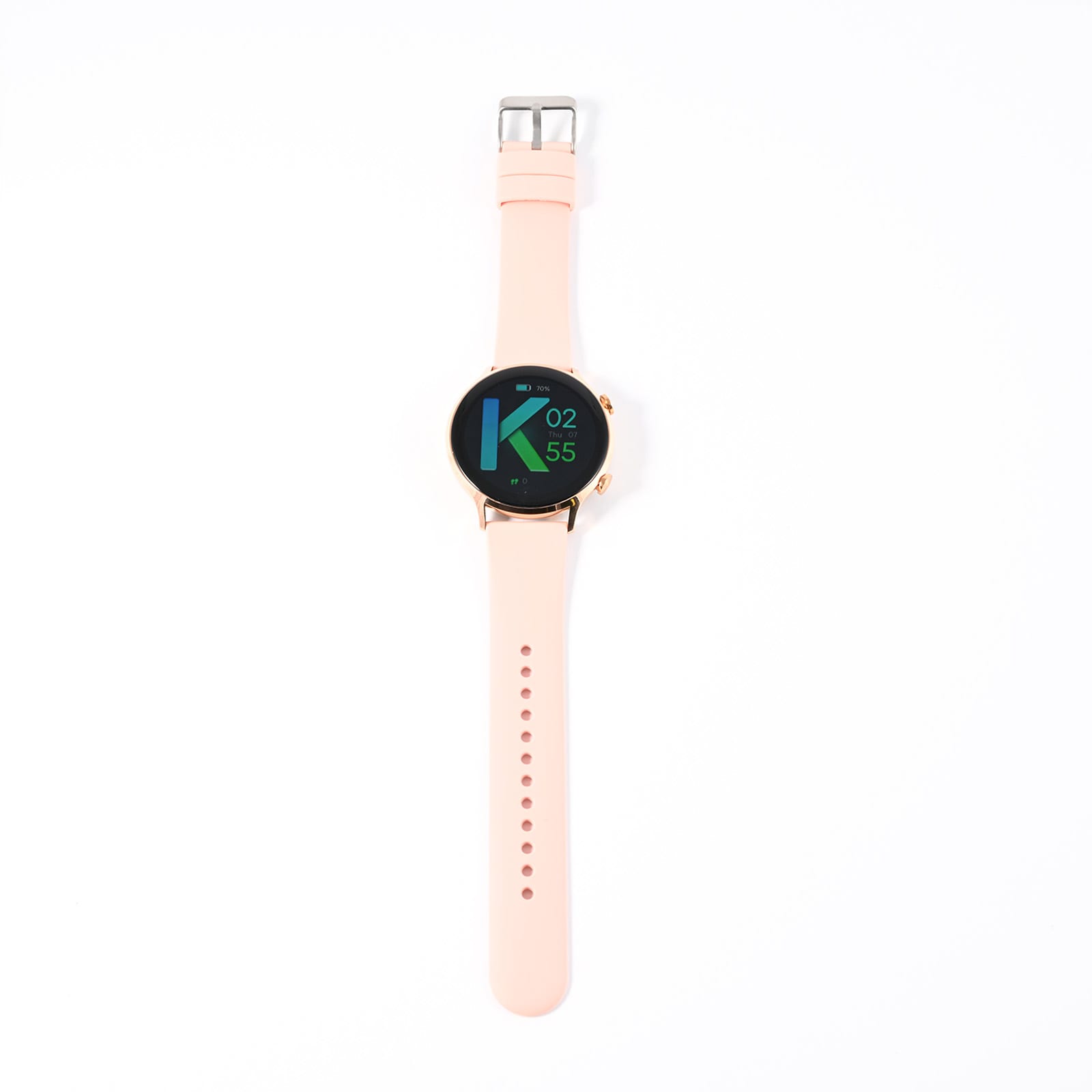 A smart watch with a round face, featuring a black display and rose gold accents, mounted on a light pink band.