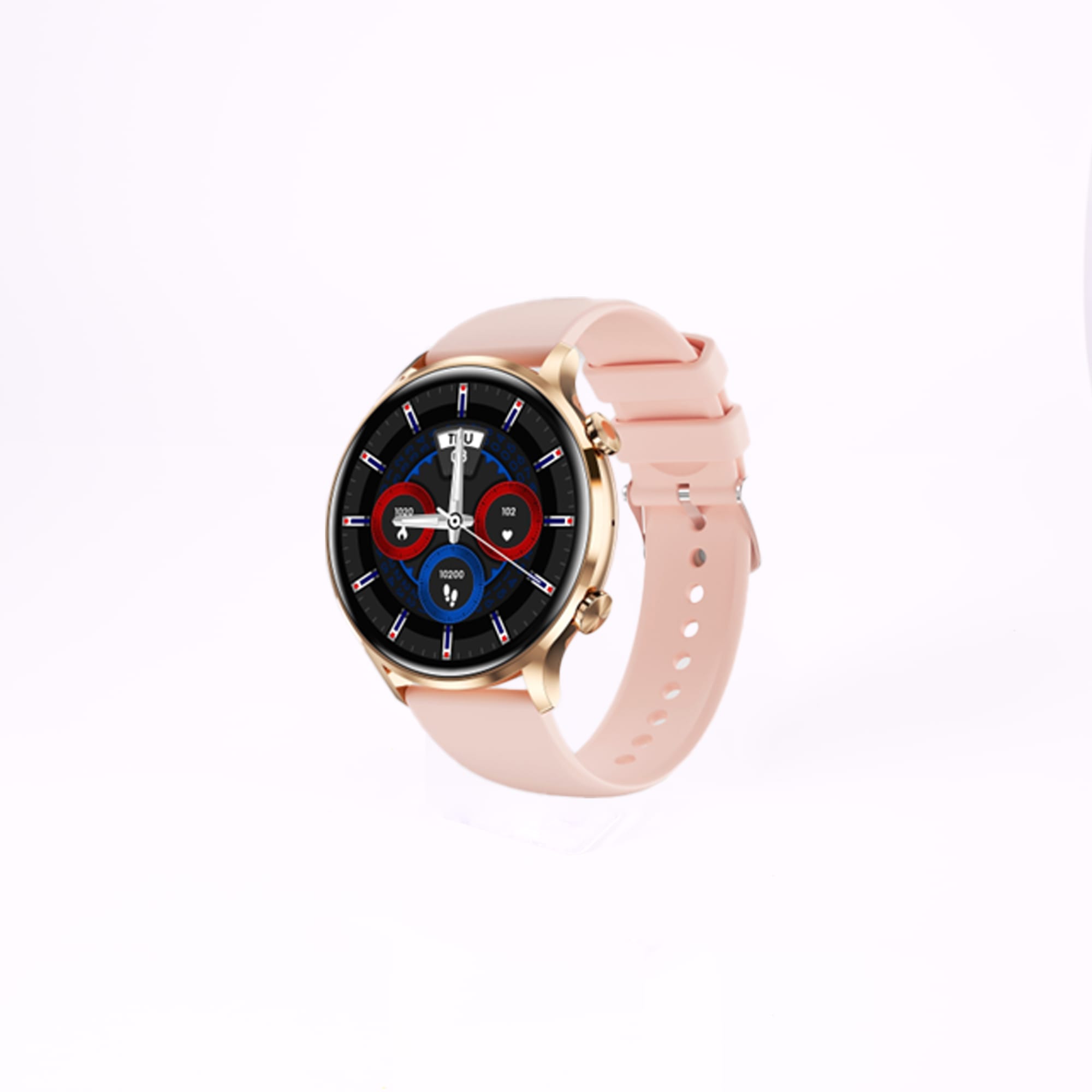 A smart watch with a round face, featuring a digital display with red and blue circular graphics, and a pink strap.