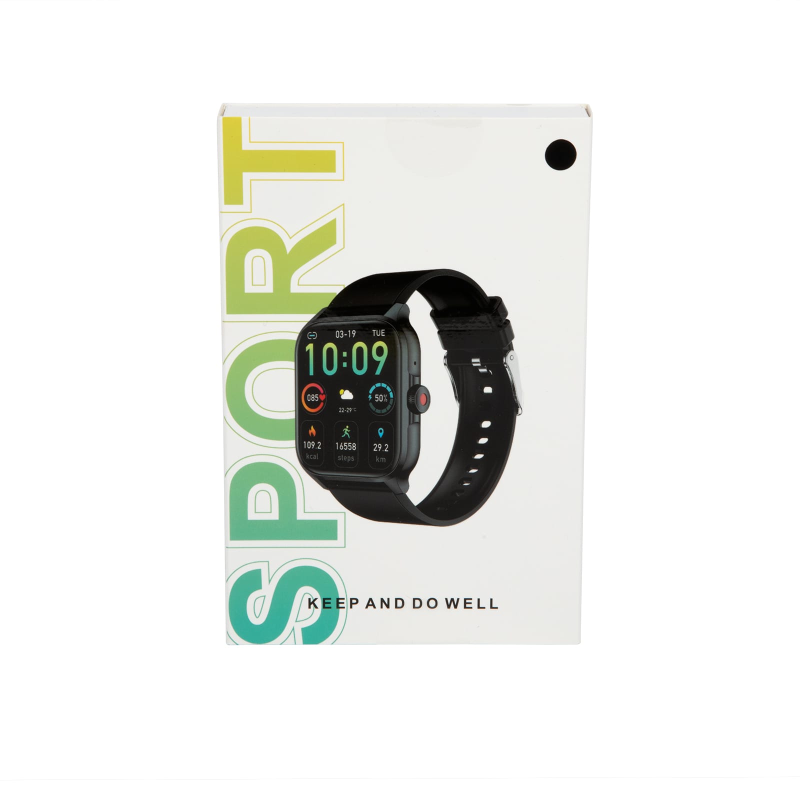 A black smart watch in a white box featuring colorful text and a display screen showing various metrics.