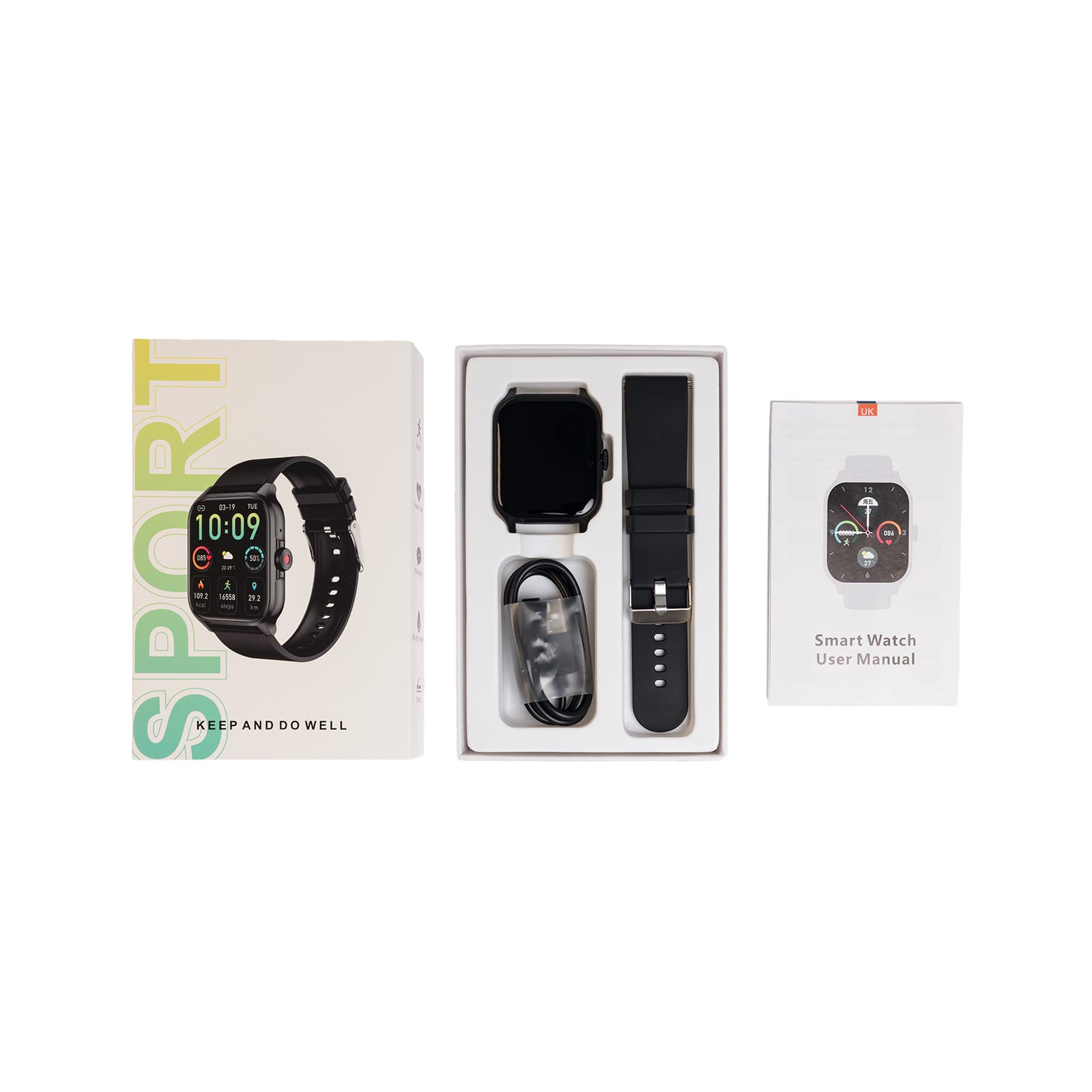 A black smart watch with a square face, charging cable, and user manual in a box. The packaging features a logo.