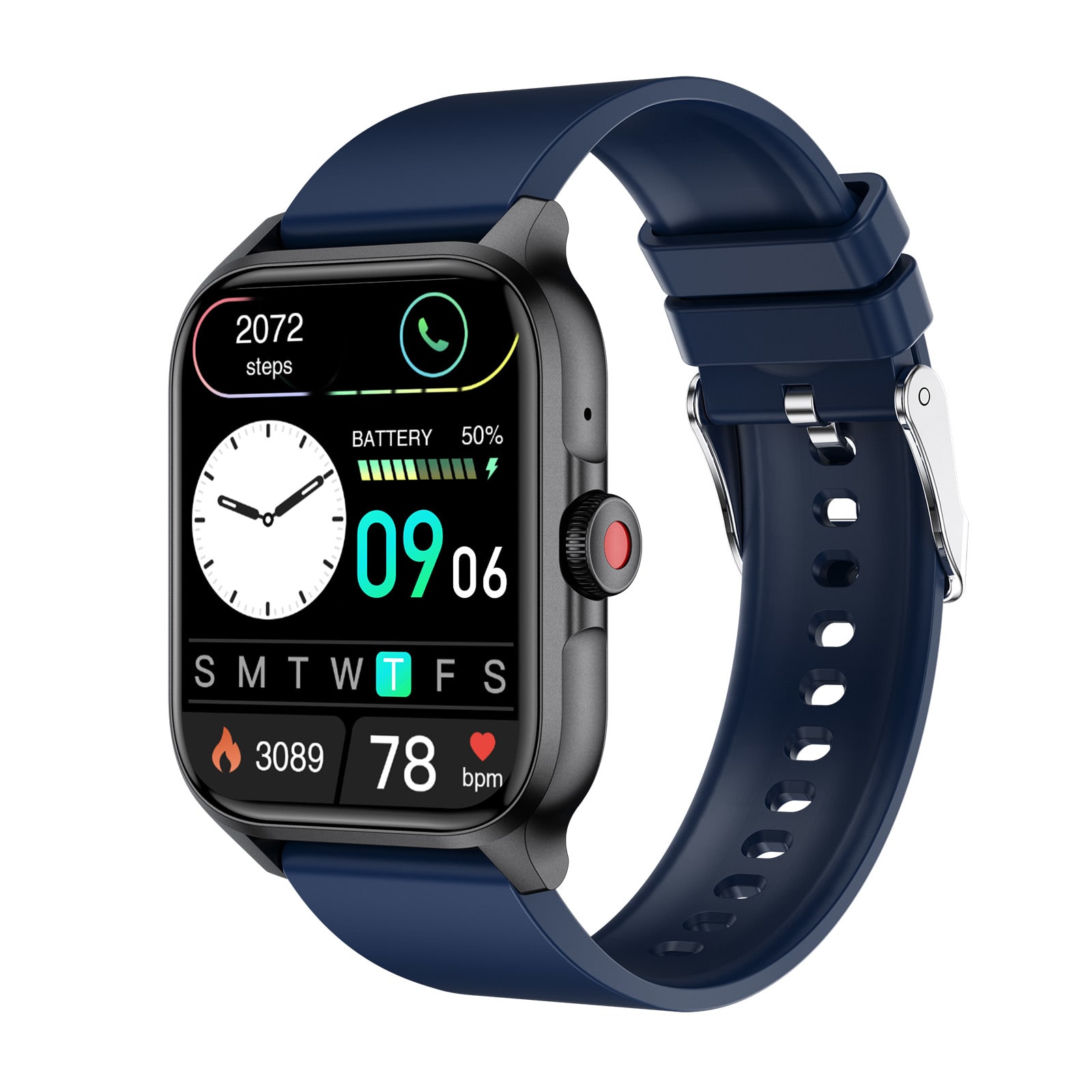 A black smart watch with a blue strap displaying time, steps, battery status, and heart rate. Features a logo.