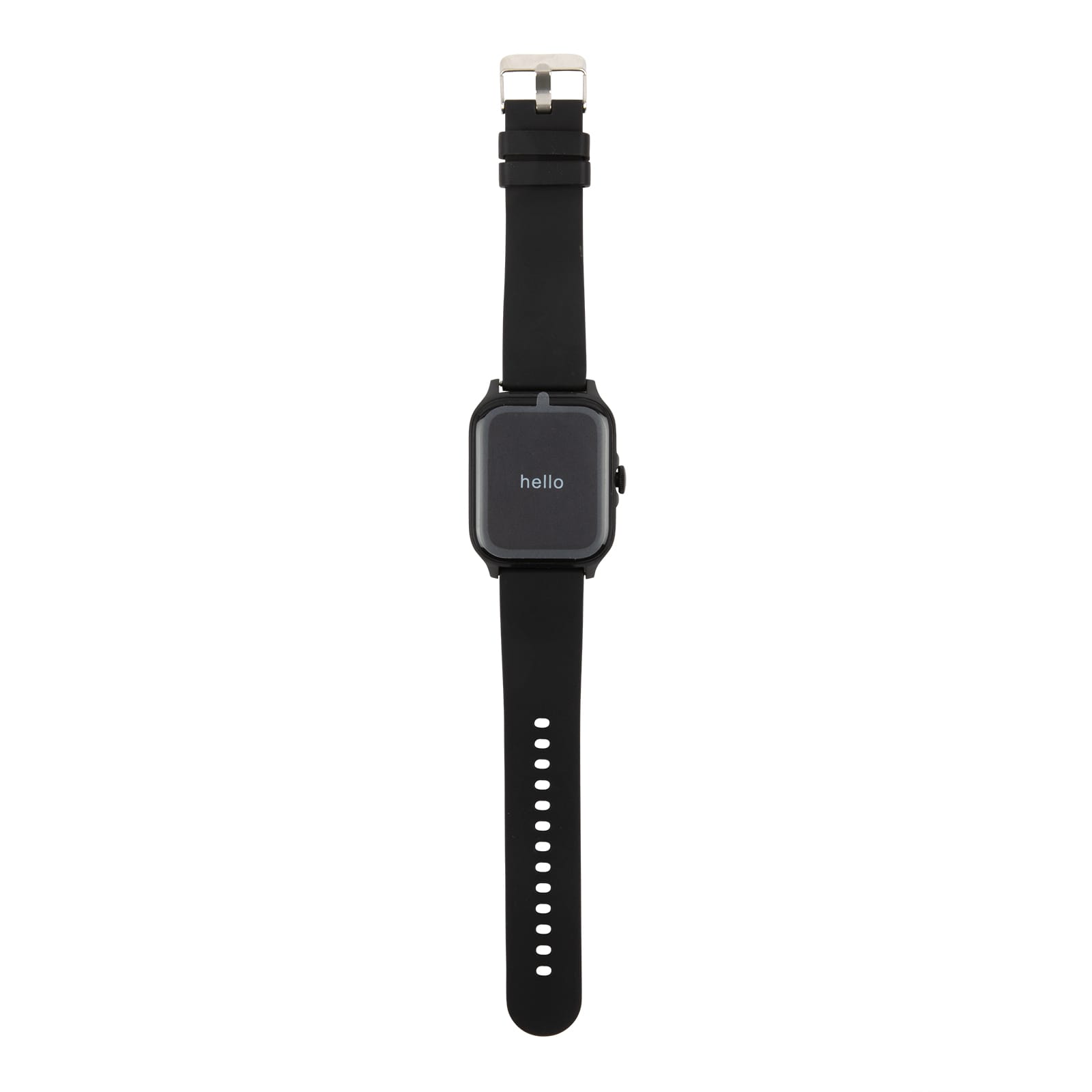 A black smart watch with a square face and adjustable strap, featuring a simple grey display.