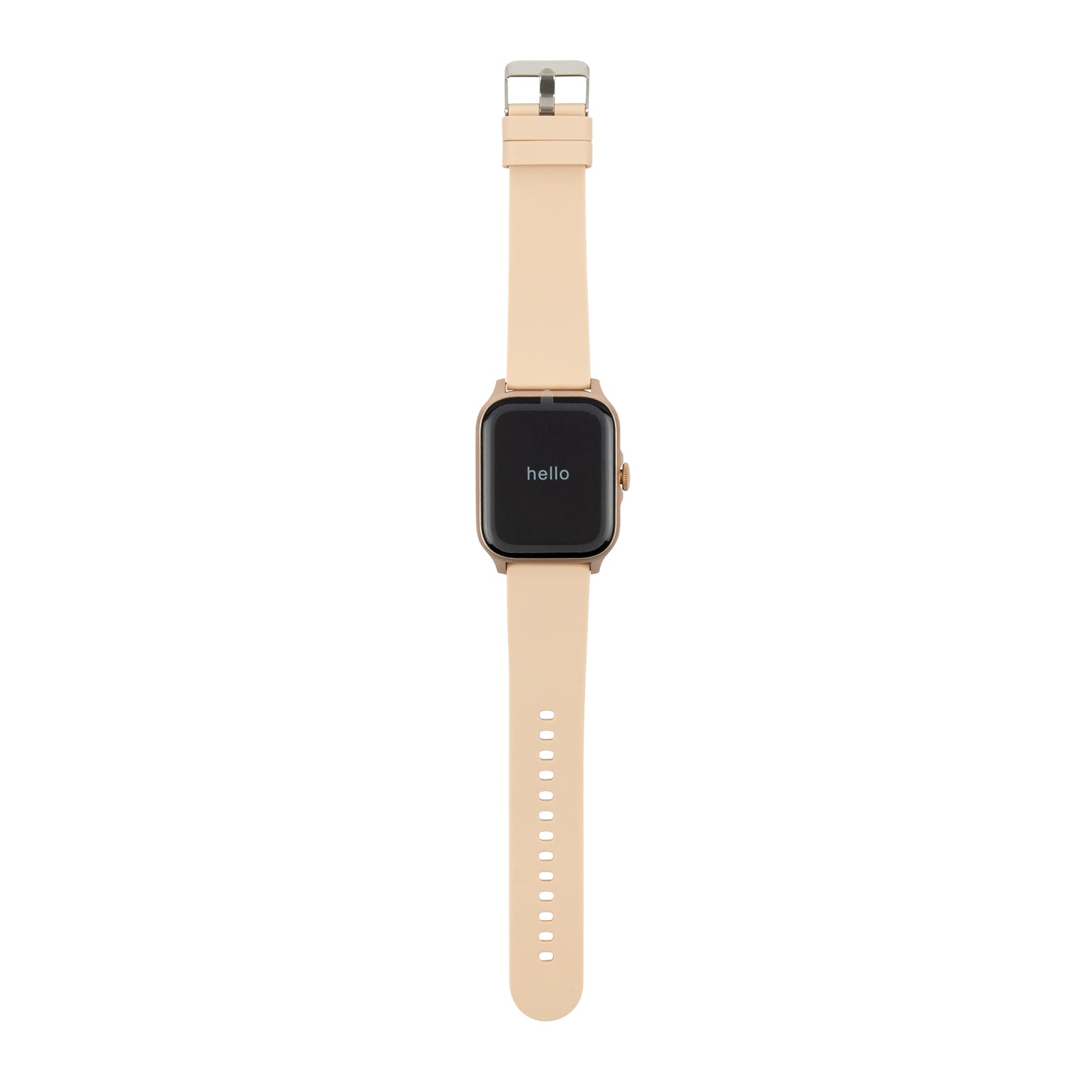 A smart watch with a square display and a beige silicone strap, featuring the word 