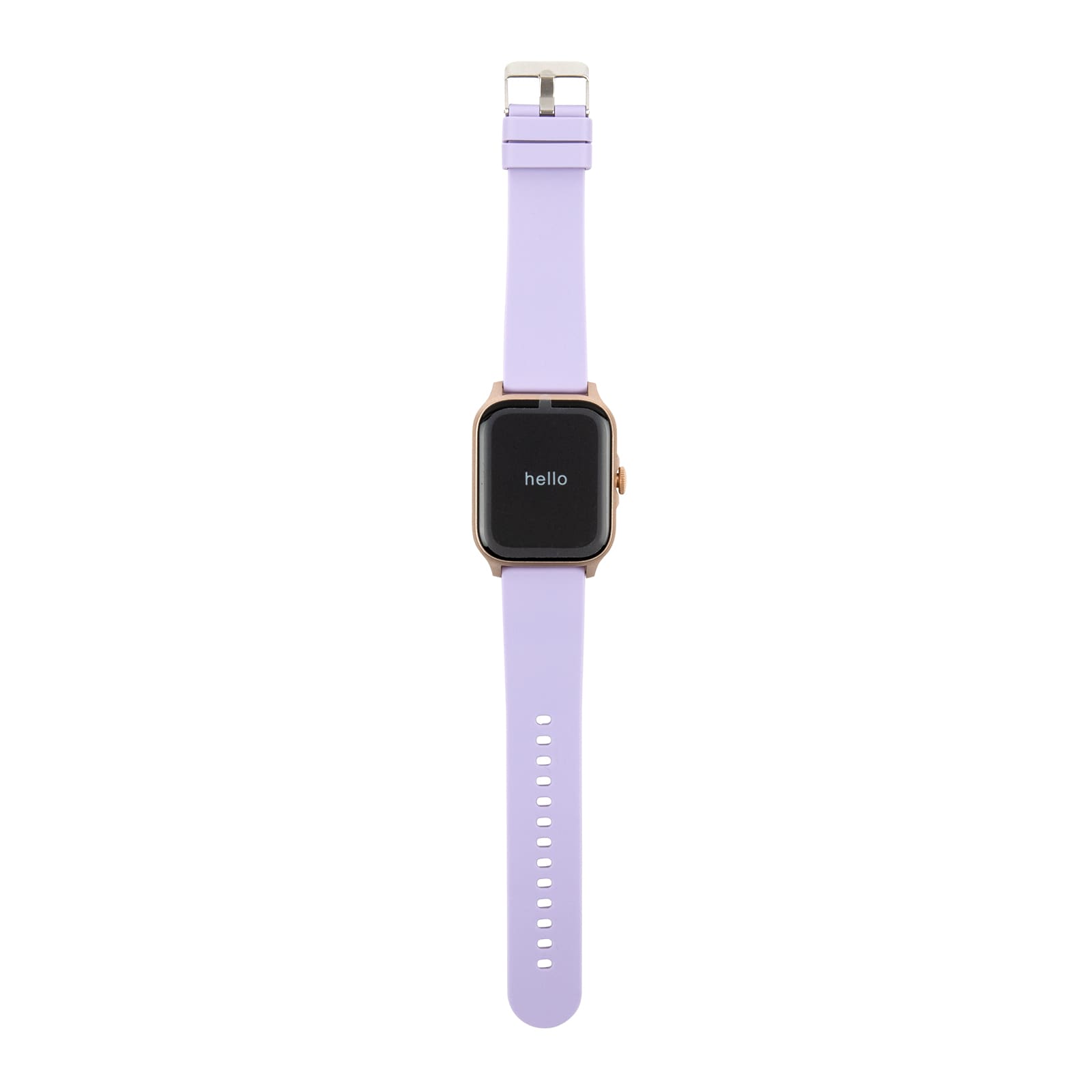 A smart watch with a square face and a light purple silicone strap displaying the word 