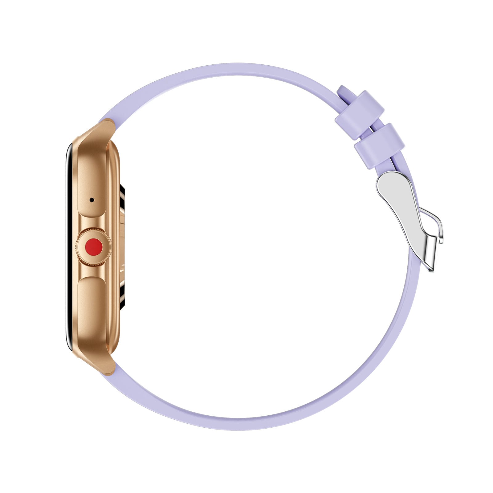 A gold smartwatch with a lavender strap, featuring a circular case and a red button. There is a logo on the watch.