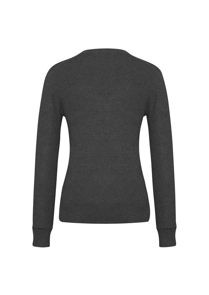 A women's v-neck knit pullover in dark grey, featuring long sleeves and a fitted silhouette from the back.