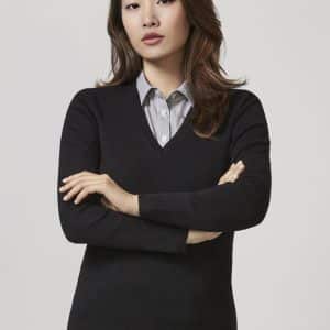 A black women's V-neck knit pullover paired with a striped shirt, featuring a branding logo.