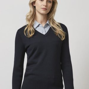 A dark navy pullover jumper with a V-neck design, worn over a light blue shirt. It features long sleeves and a fitted style.