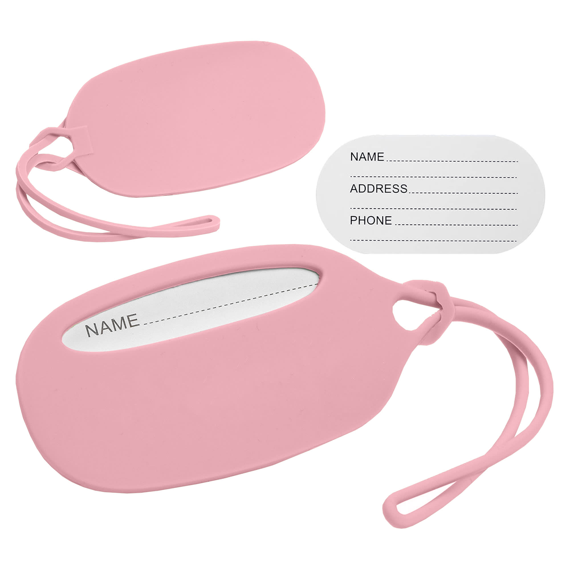 A pink silicon luggage tag with a transparent window for information and an additional blank insert for details.