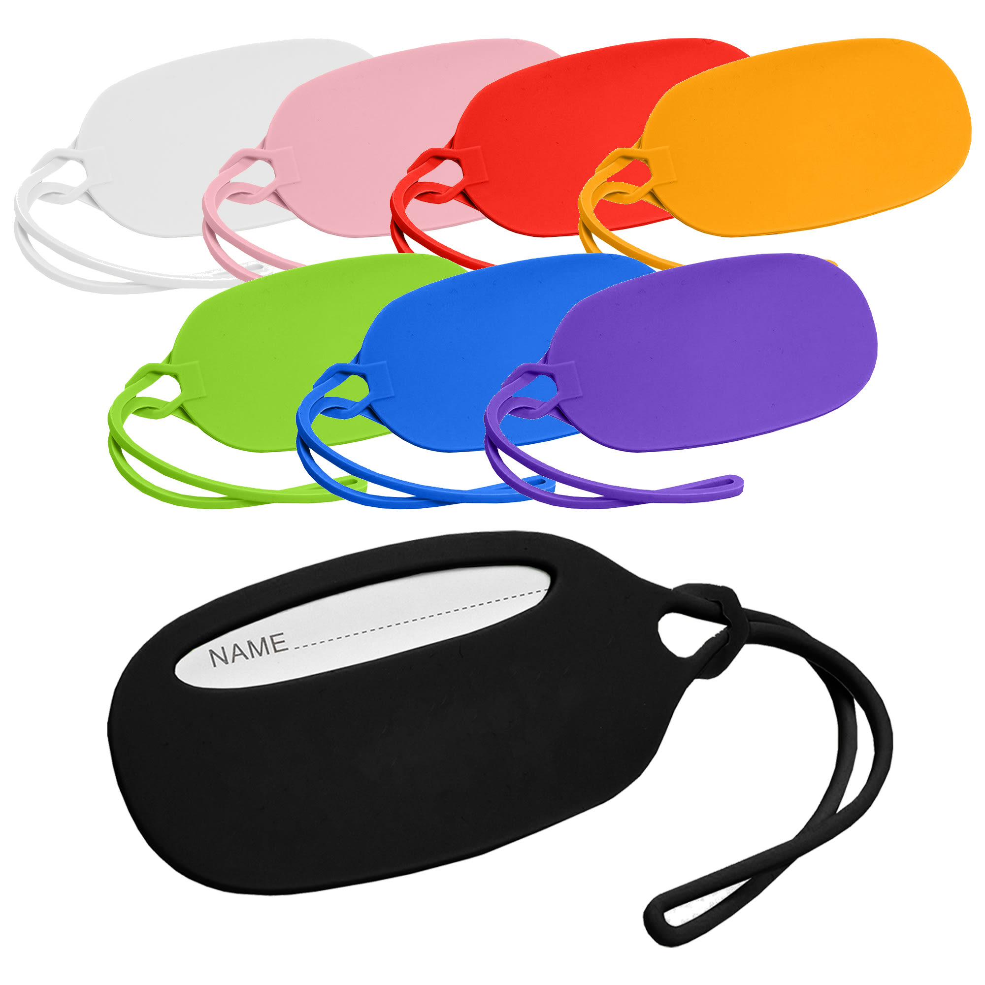 A set of colourful silicone luggage tags in black, pink, red, orange, purple, blue, and white with a slot for a name.
