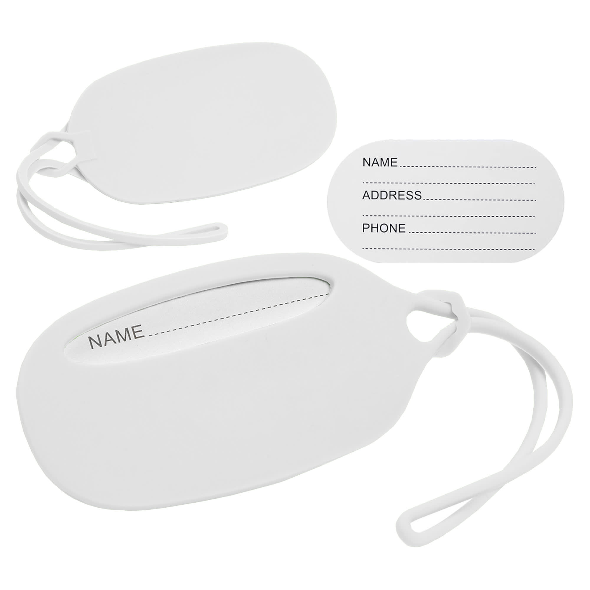 A white silicone luggage tag with a slot for personal details and a loop attachment. It features a branding logo.