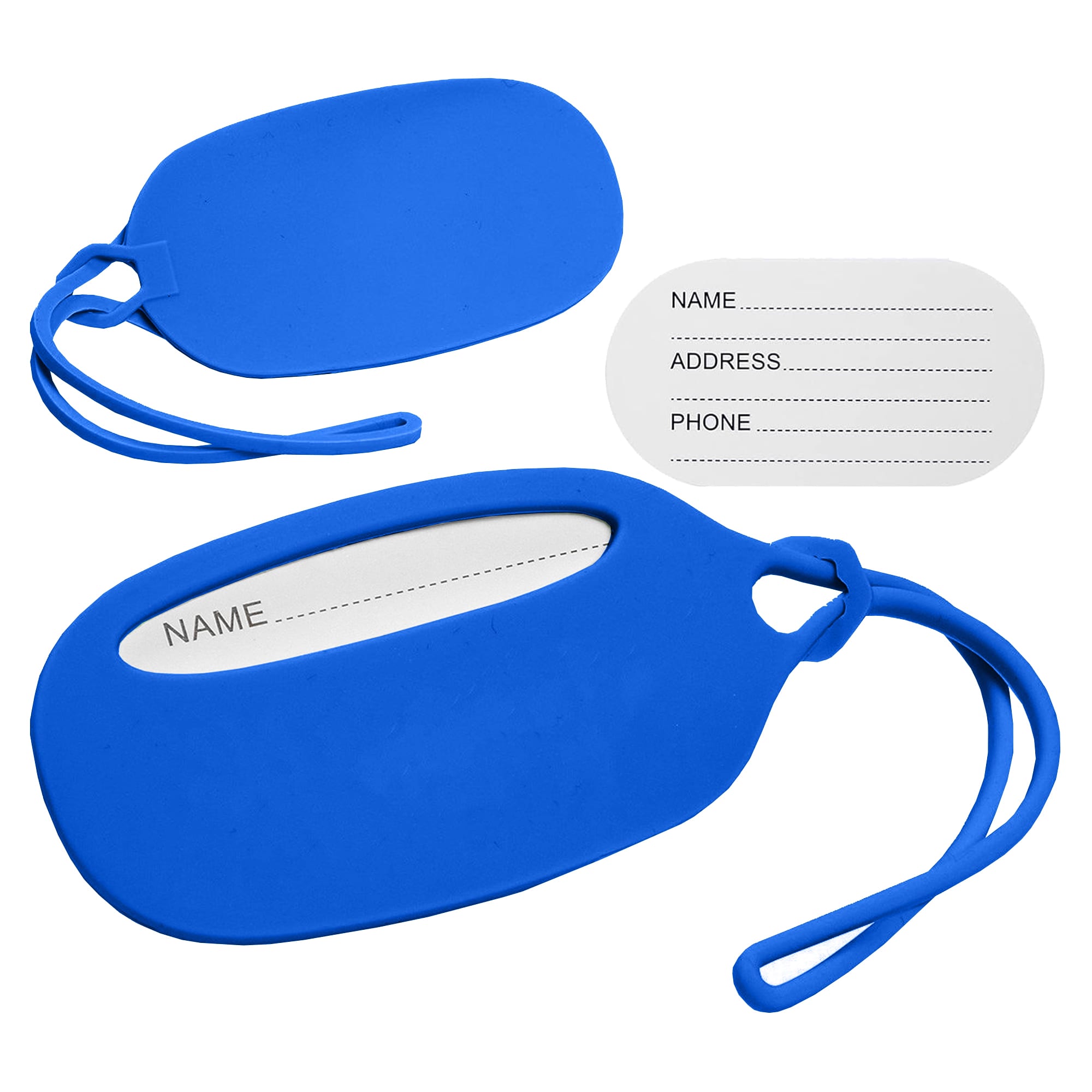 A blue silicone luggage tag with an attached identification card for personal information. It features a logo.