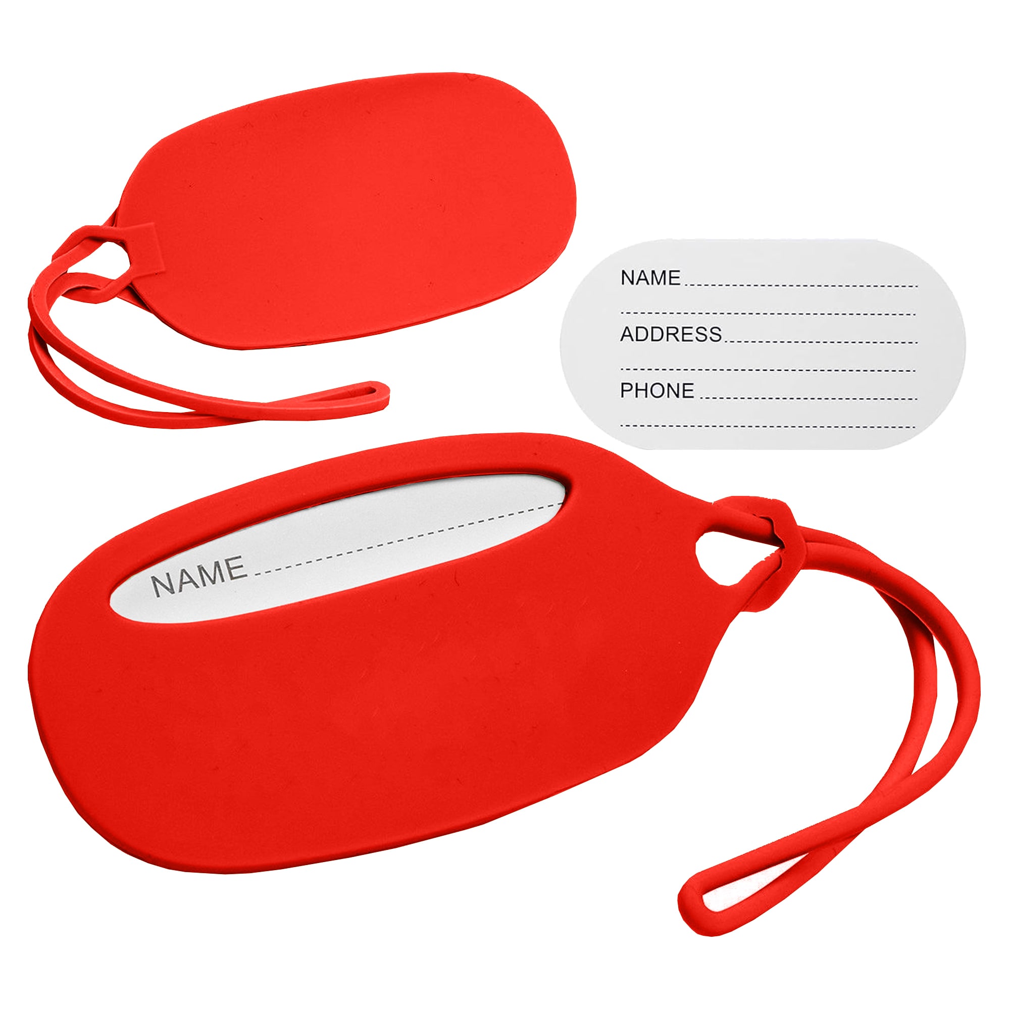 A red silicone luggage tag with a white insert for personal details and a matching strap for attachment.