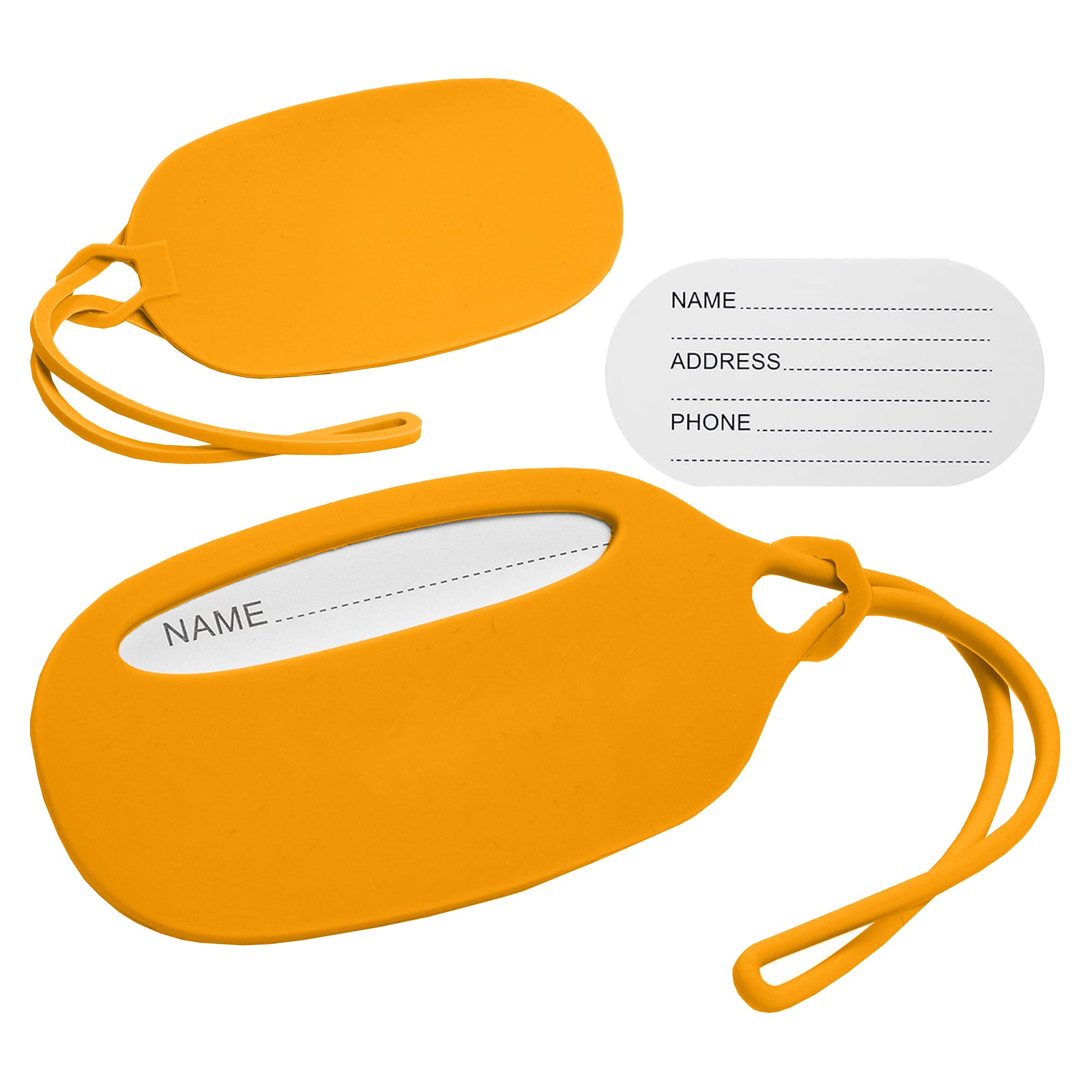 A yellow silicone luggage tag featuring a transparent insert for details and a loop for attachment.