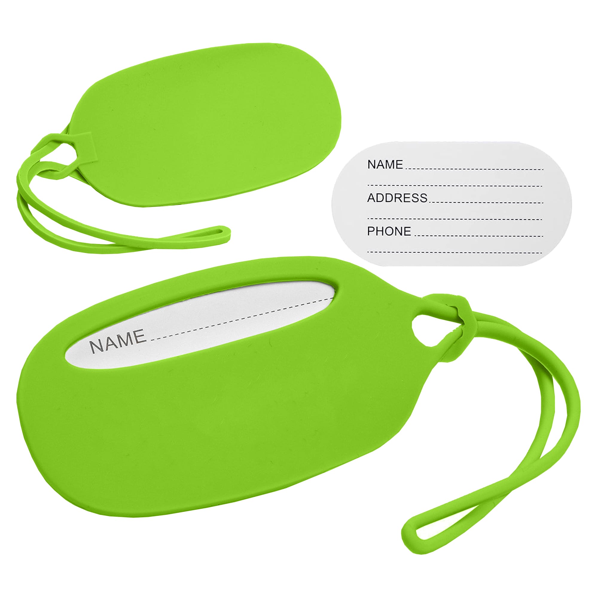 A vibrant green silicone luggage tag with a slot for personal information and a matching strap.