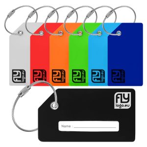 A set of silicon luggage tags in various colours including white, red, orange, green, blue, and black, each with a logo.