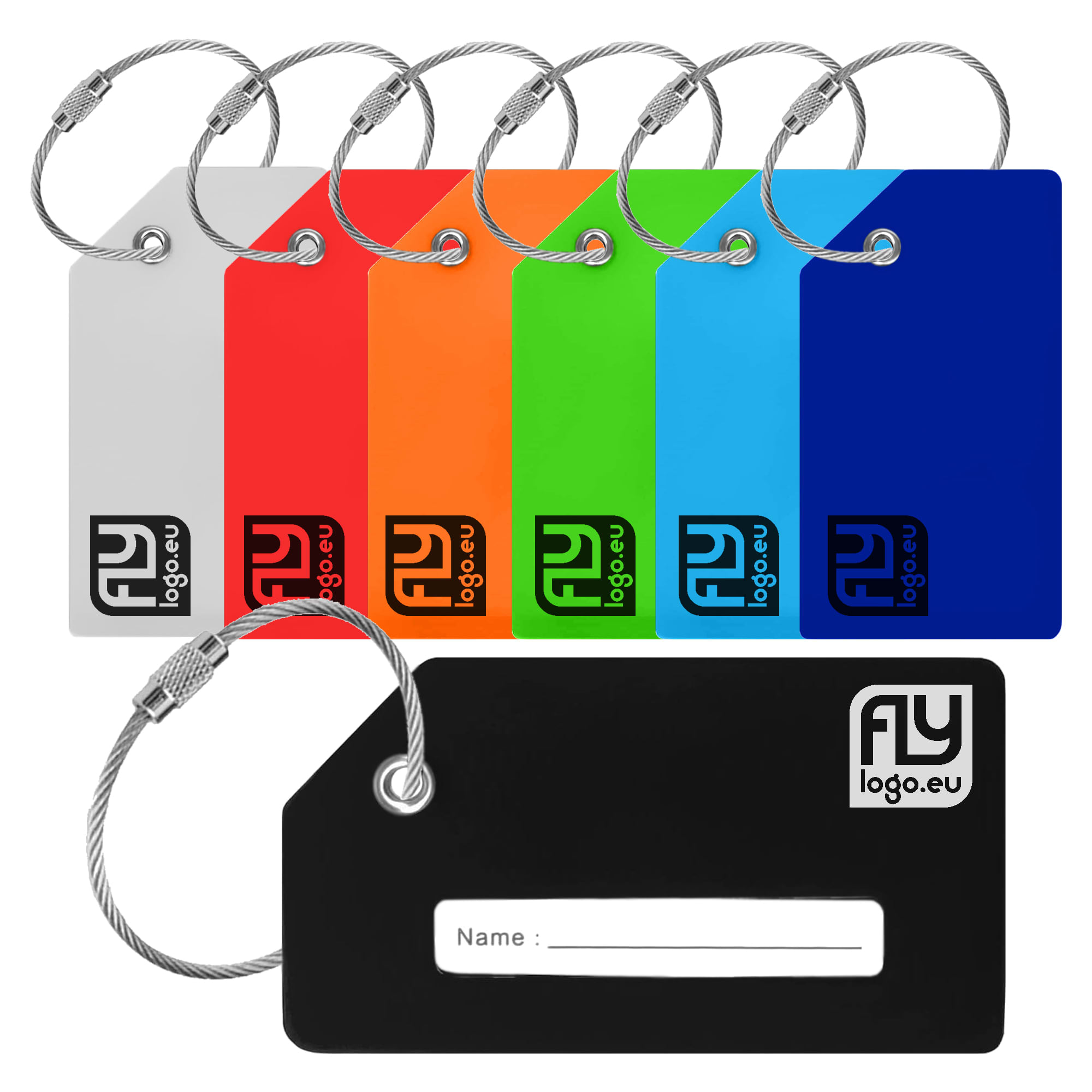 A set of silicon luggage tags in various colours including white, red, orange, green, blue, and black, each with a logo.