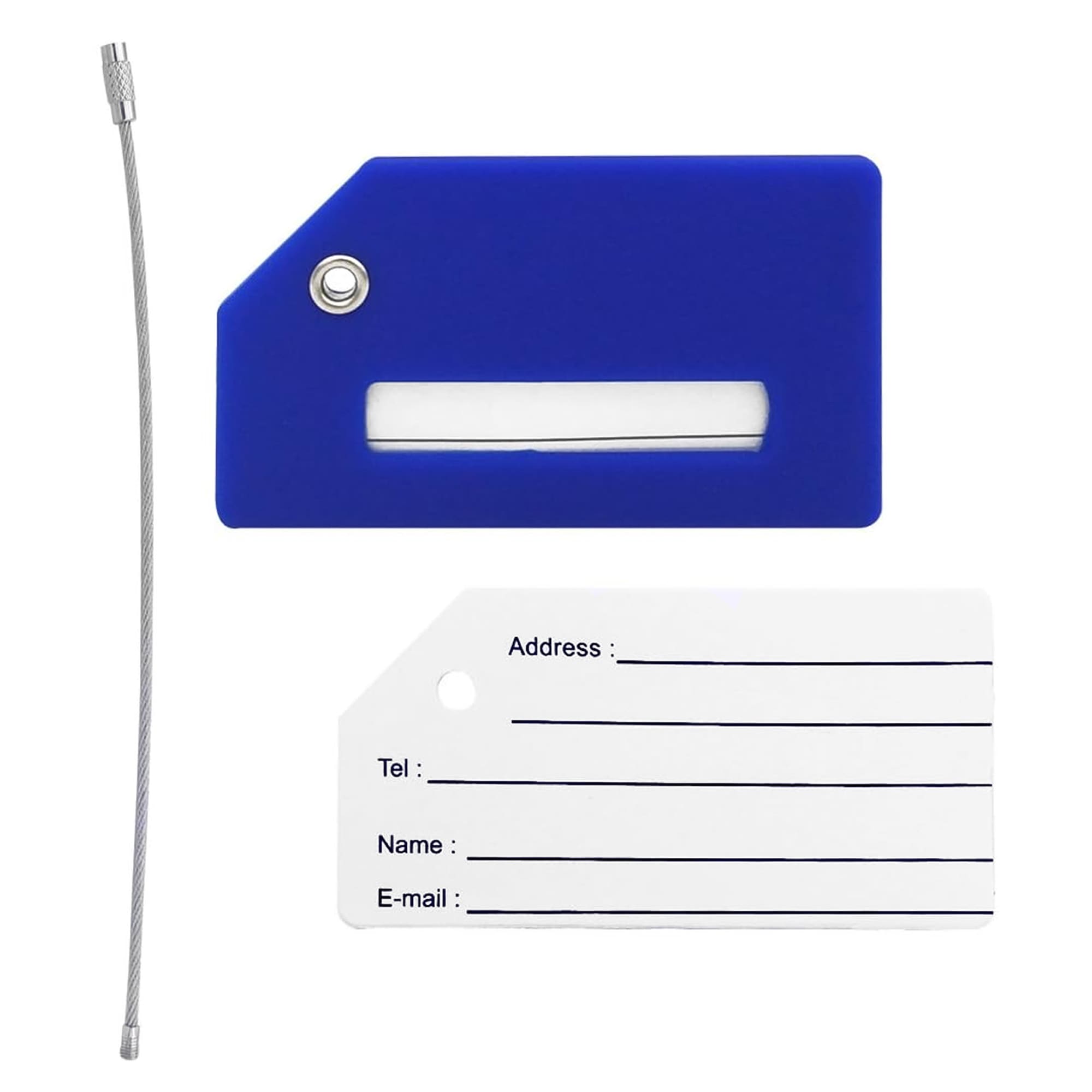 A blue silicone luggage tag with a white paper insert for details, accompanied by a metal attachment cable.