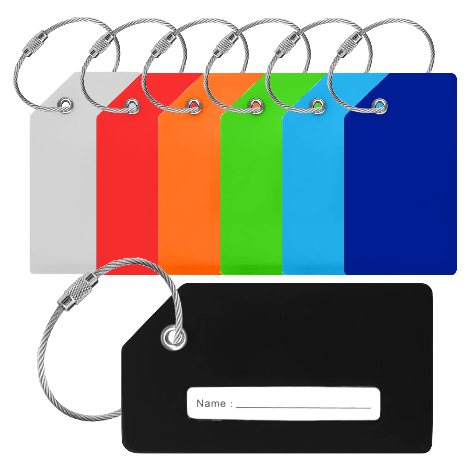 A set of silicon luggage tags in various colours: white, red, orange, green, blue, and black, featuring a wire loop.