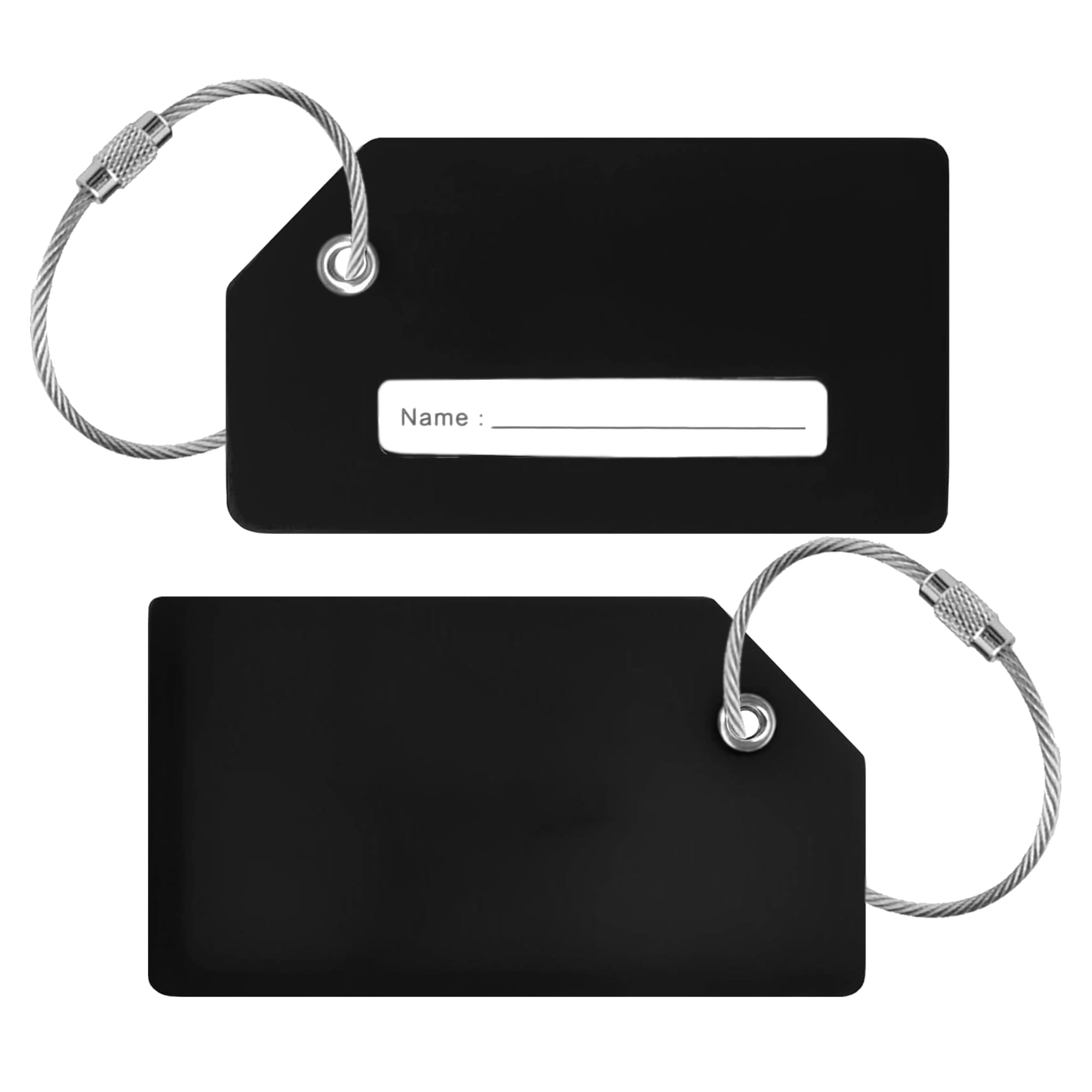 A black silicon luggage tag featuring a wire attachment and a blank area for personal details.