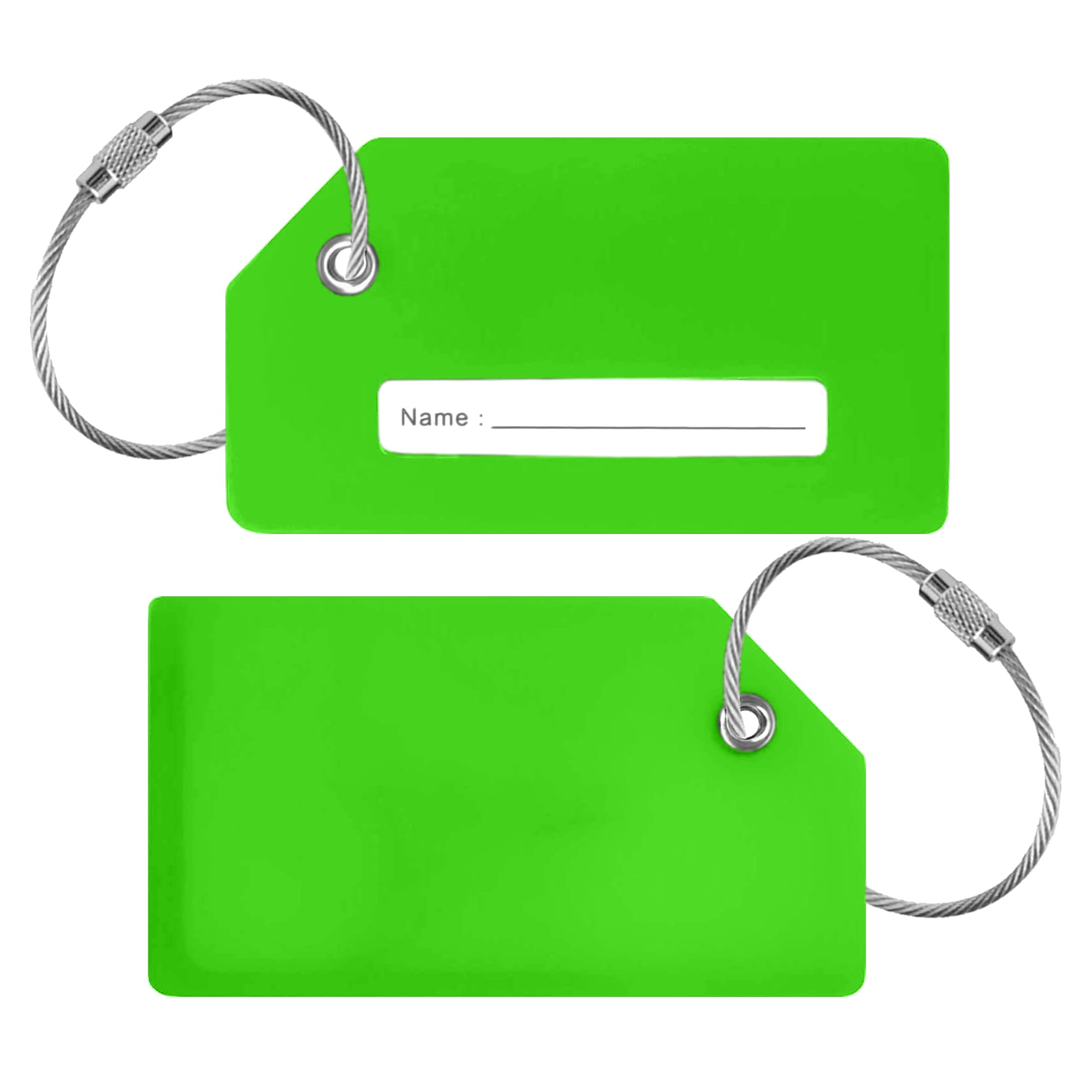 A bright green silicone luggage tag with metal attachment loops, featuring a blank name field for personalisation.