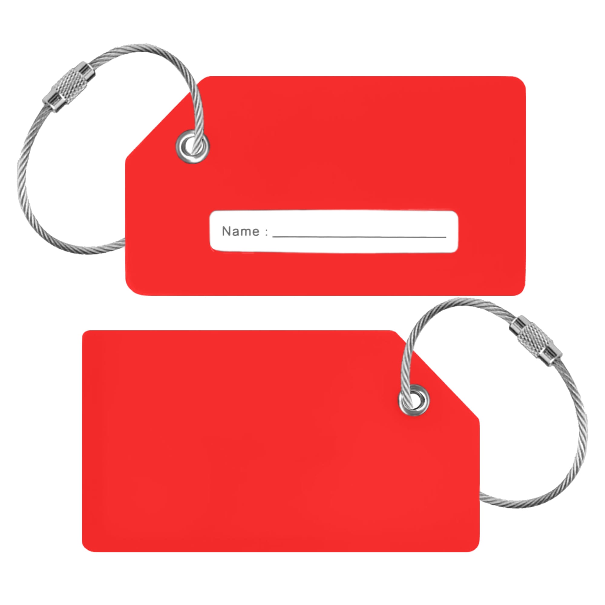 A red silicon luggage tag with a white name label and silver wire loop for attachment.