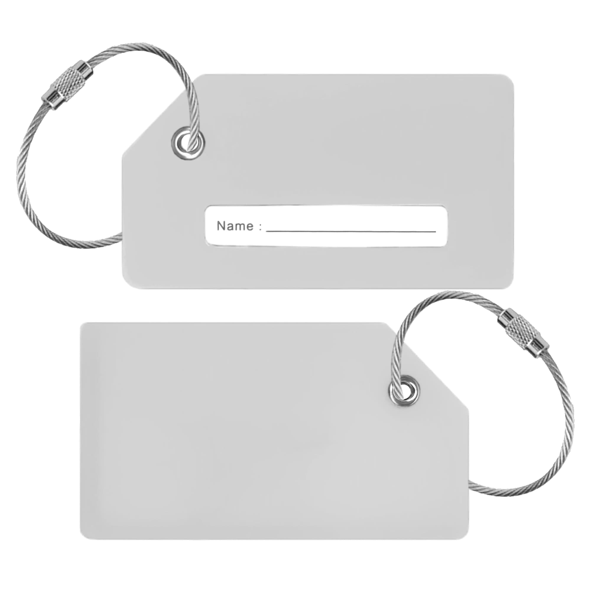 A grey silicon luggage tag featuring a blank name field and secured with a metal loop.