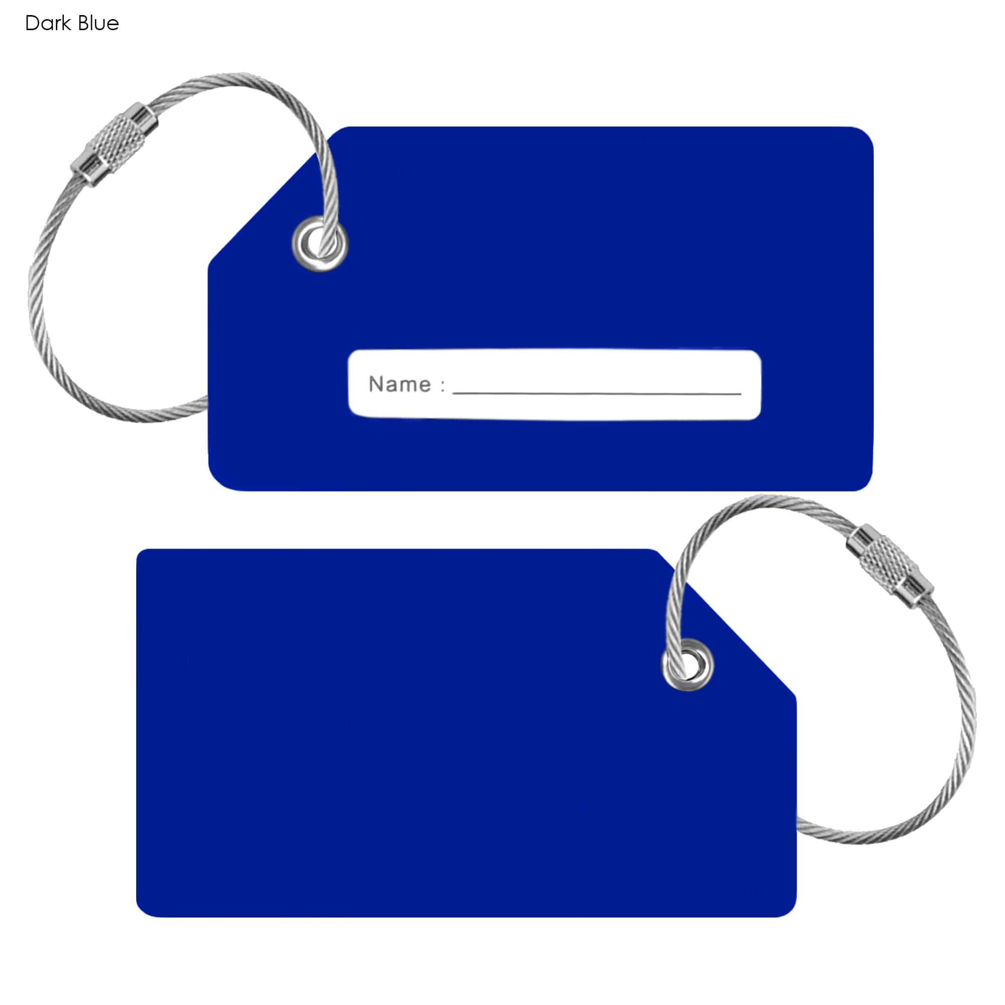 A dark blue silicon luggage tag with a white name label and a metal attachment loop.
