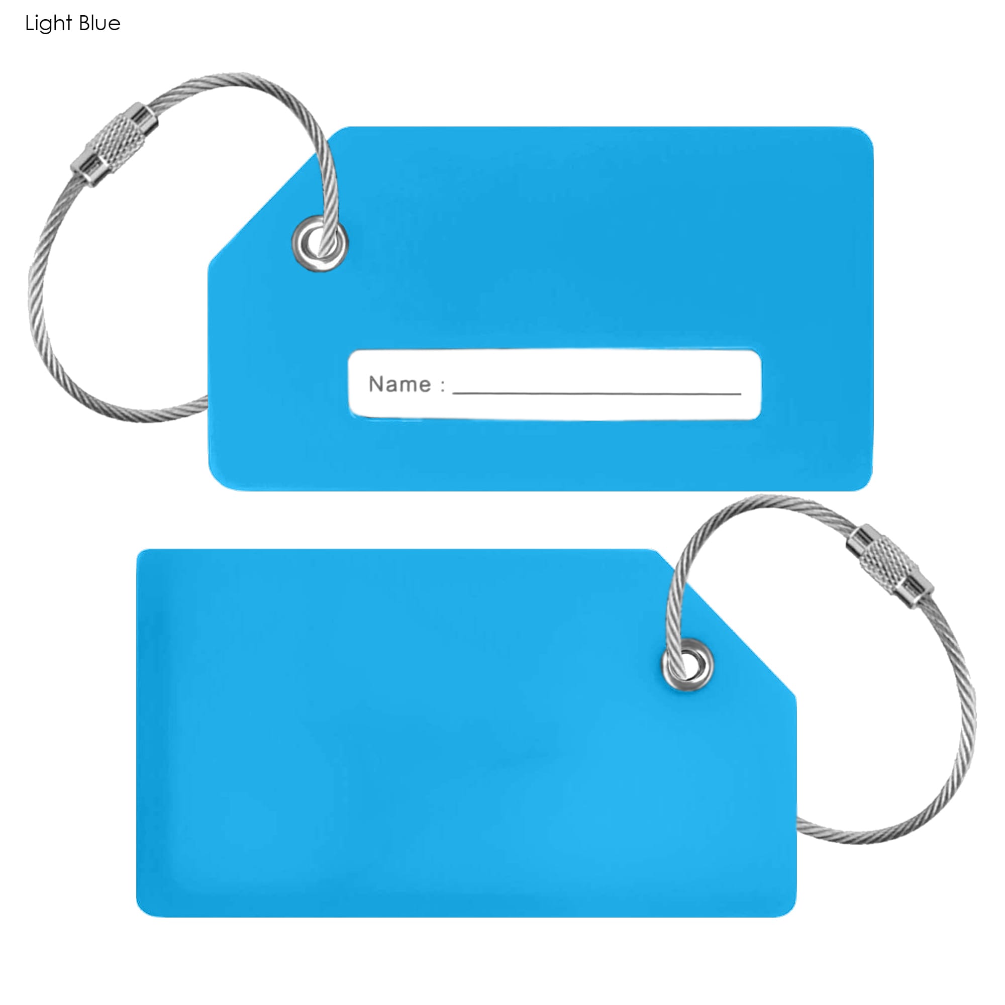 A light blue silicone luggage tag with a metal loop and a space for name details.