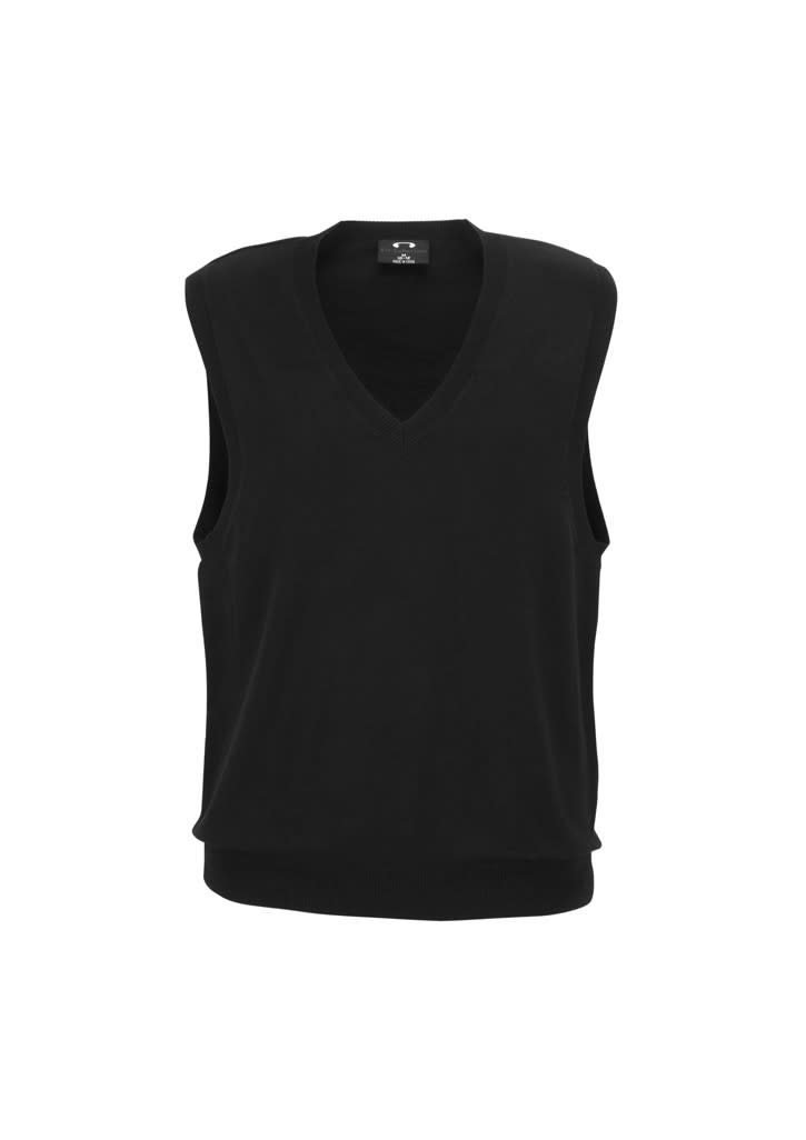 A black women's V-neck knit vest with a sleeveless design and a ribbed hem. Features a logo on the label.