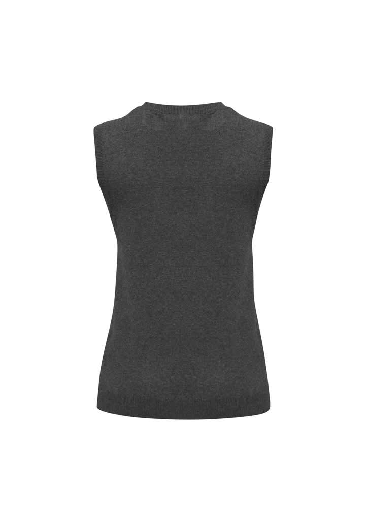 A dark grey women's V-neck knit vest with a sleeveless design and fitted silhouette, featuring a small logo.