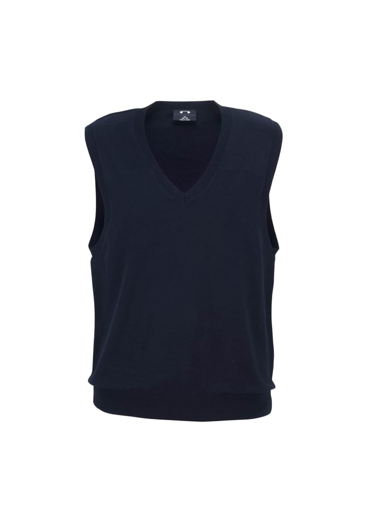 A navy women's V-neck knit vest with a sleeveless design and ribbed waistband, featuring a logo.