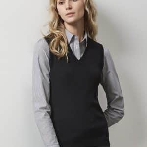 A black women's V-neck knit vest worn over a striped button-up shirt, featuring a simple design and fitted silhouette.