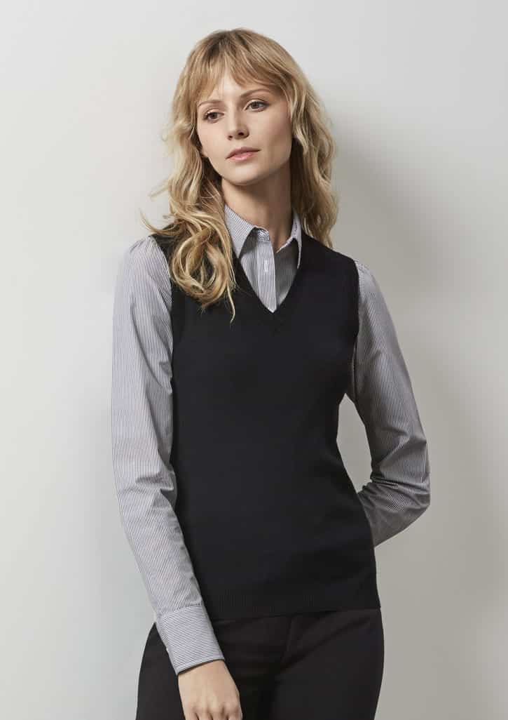 A black women's V-neck knit vest worn over a striped button-up shirt, featuring a simple design and fitted silhouette.