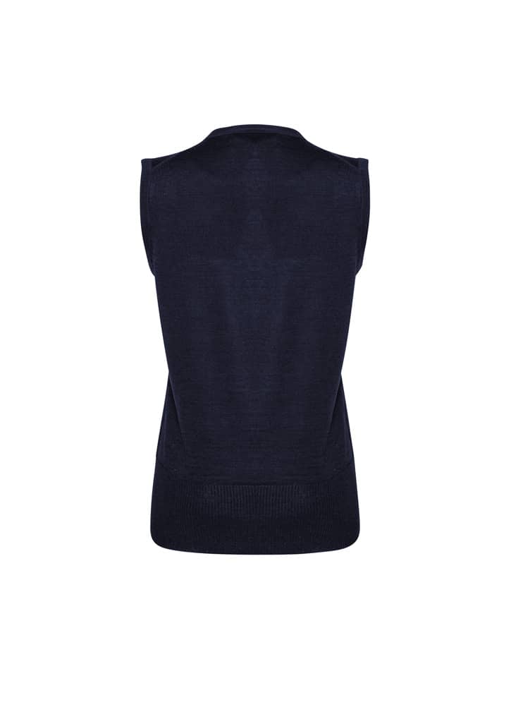 A navy women's vest with a sleeveless design and ribbed detail at the hem, featuring a branding logo.