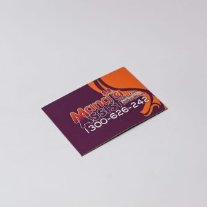 A rectangular fridge magnet featuring vibrant purple and orange colours, with a logo and contact details.