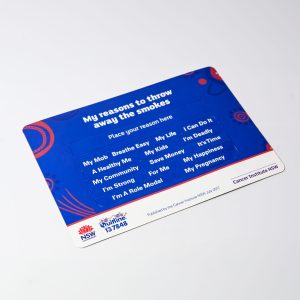 A colourful promotional card with various reasons to quit smoking, featuring bold text in blue and red, and a logo at the bottom.