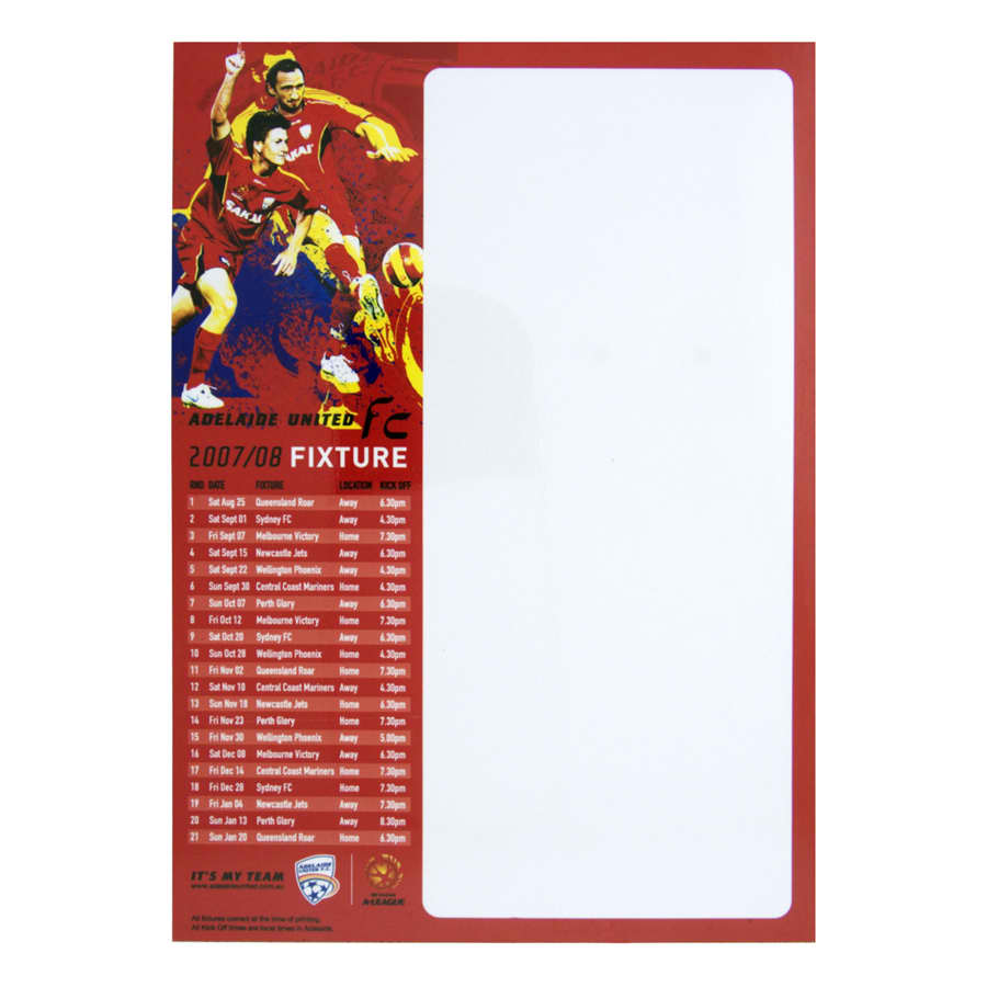 A magnetic whiteboard in red and white, featuring a blank section for notes and a graphic design with a logo.