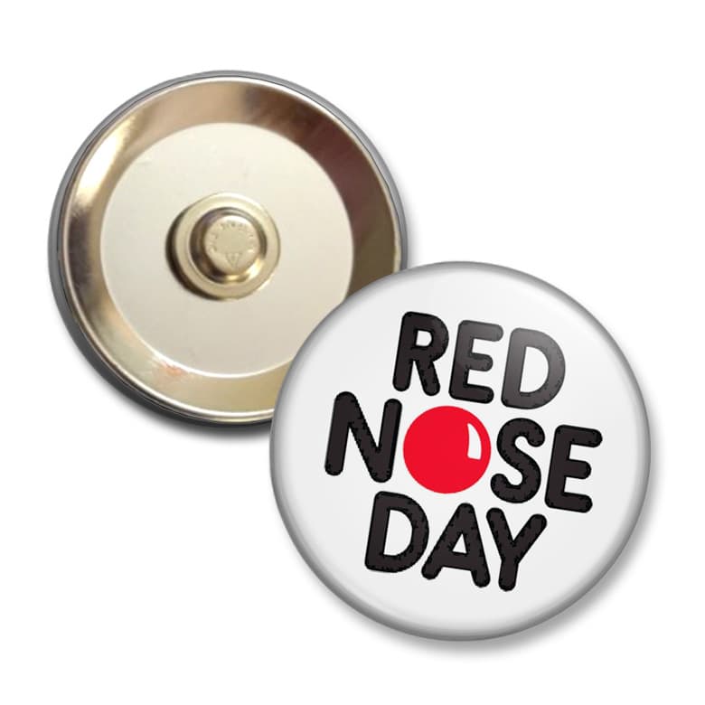 Magnetic button badge featuring a white background, black text, and a red circle. Includes a metallic backing with a logo.