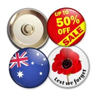Four magnetic button badges in various designs: an Australian flag, a red poppy, and a promotional badge with a logo.
