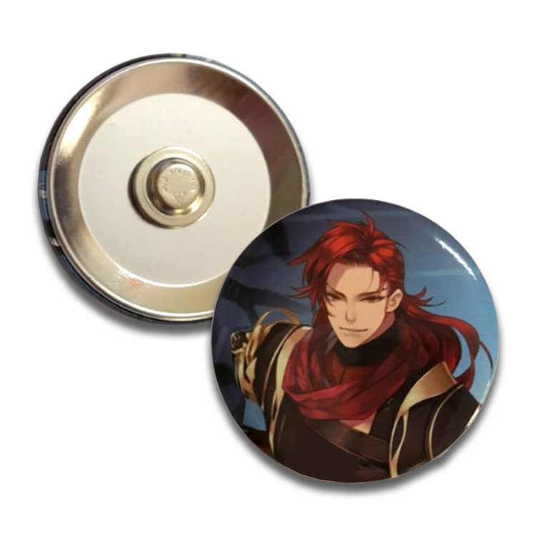 A round magnetic button badge featuring a character with red hair and a dark outfit, displaying vibrant colours.