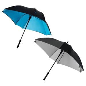 A black automatic umbrella with a sleek design and a logo on its canopy. Ideal for leisure and outdoor use.